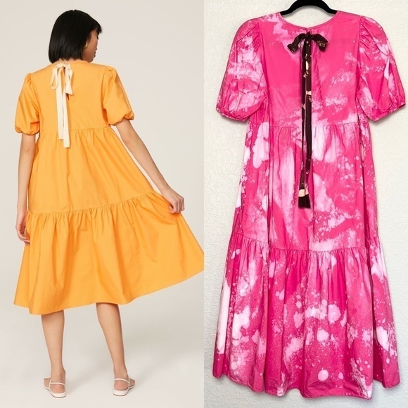 PETER SOM Midi Dress Bleach Splatter Puff Short Sleeve Ruffle Tiered Tie‎ Back 6 - Picture 2 of 9